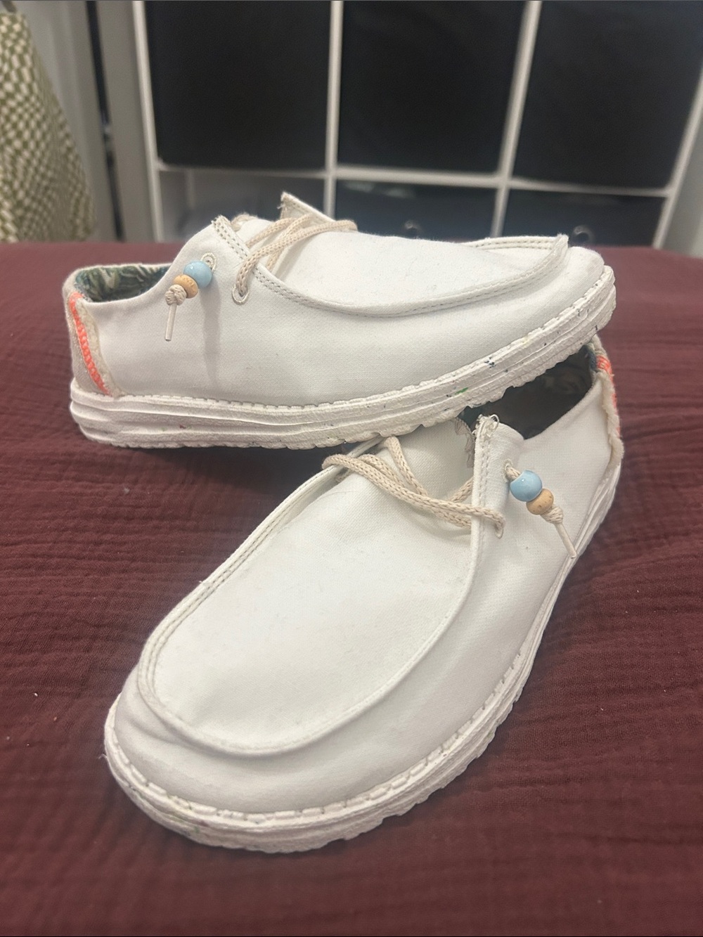 Hey Dude White Canvas Sneakers with Blue Bead Accent